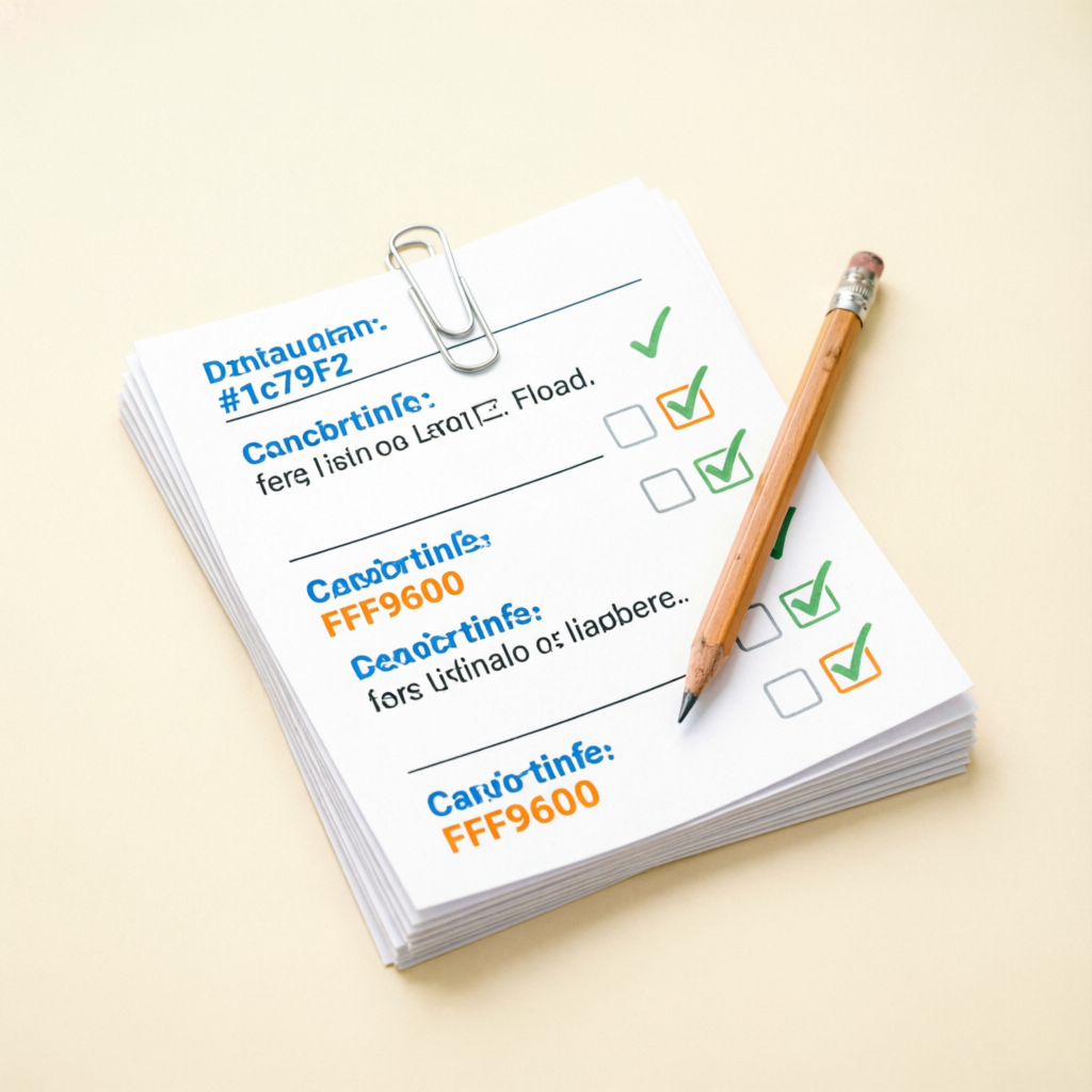 Stack of printed English worksheet pages with checkboxes, green ticks and a pencil.