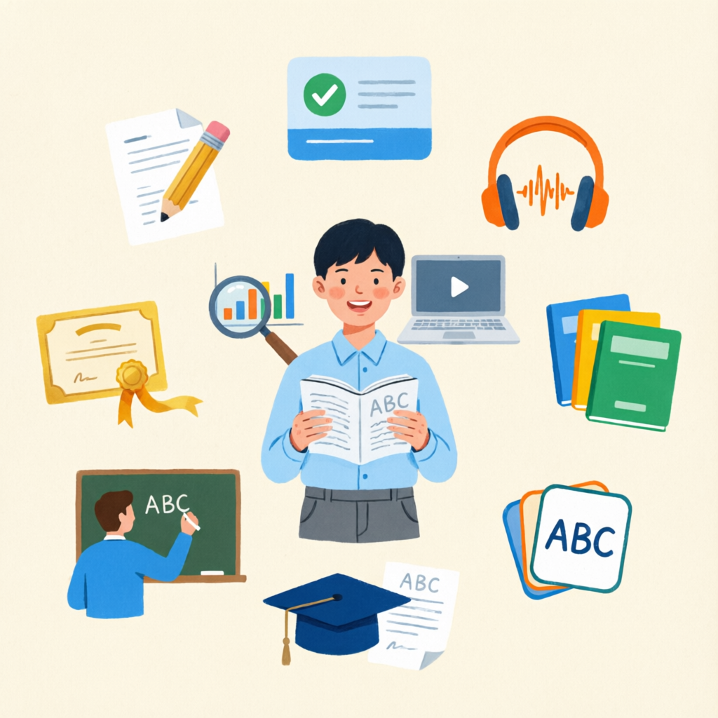 A smiling student holding an open book, surrounded by tiles representing every EnglEzz service: worksheets, quizzes, audio headphones, workbooks, flashcards, teacher at a chalkboard, graduation cap with exam papers, CPD certificate, research chart and an online-course laptop.