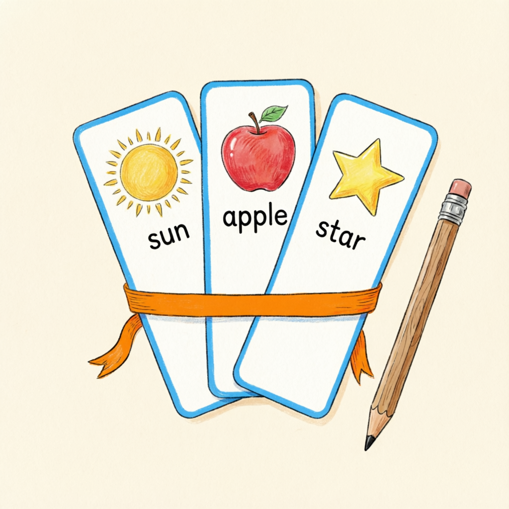 Fanned bundle of vocabulary flashcards showing sun, apple and star, tied with an orange ribbon.