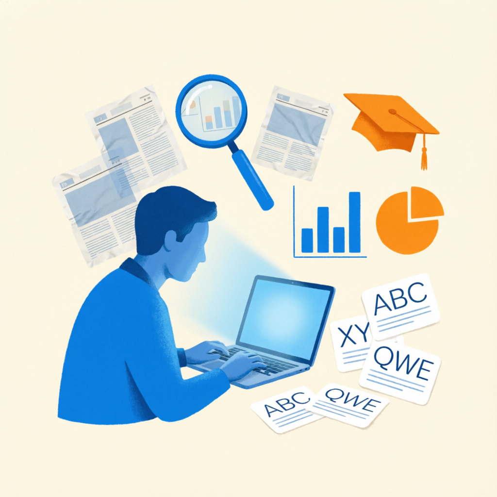Researcher analysing charts and journal papers on a laptop, surrounded by a magnifying glass, graphs and a graduation cap.
