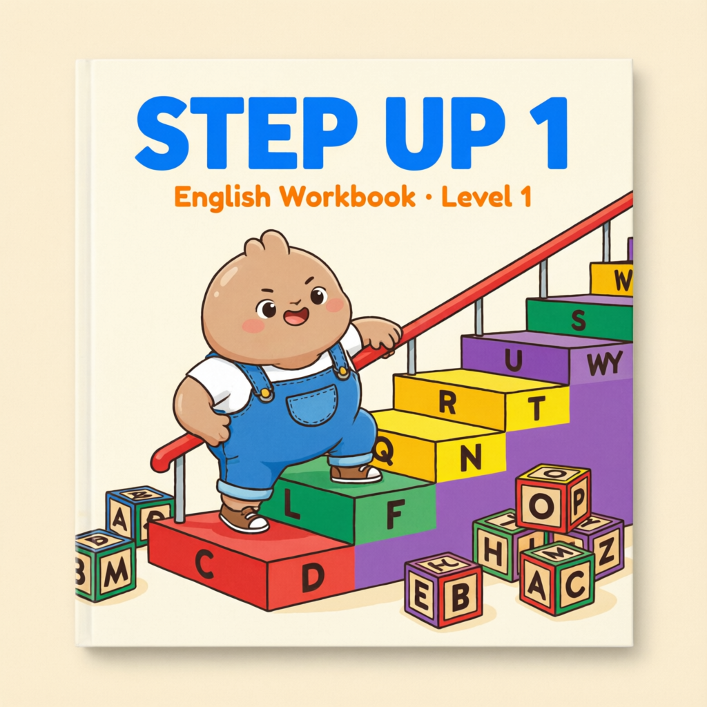Workbook cover titled Step Up 1 with a child climbing colourful alphabet stairs.