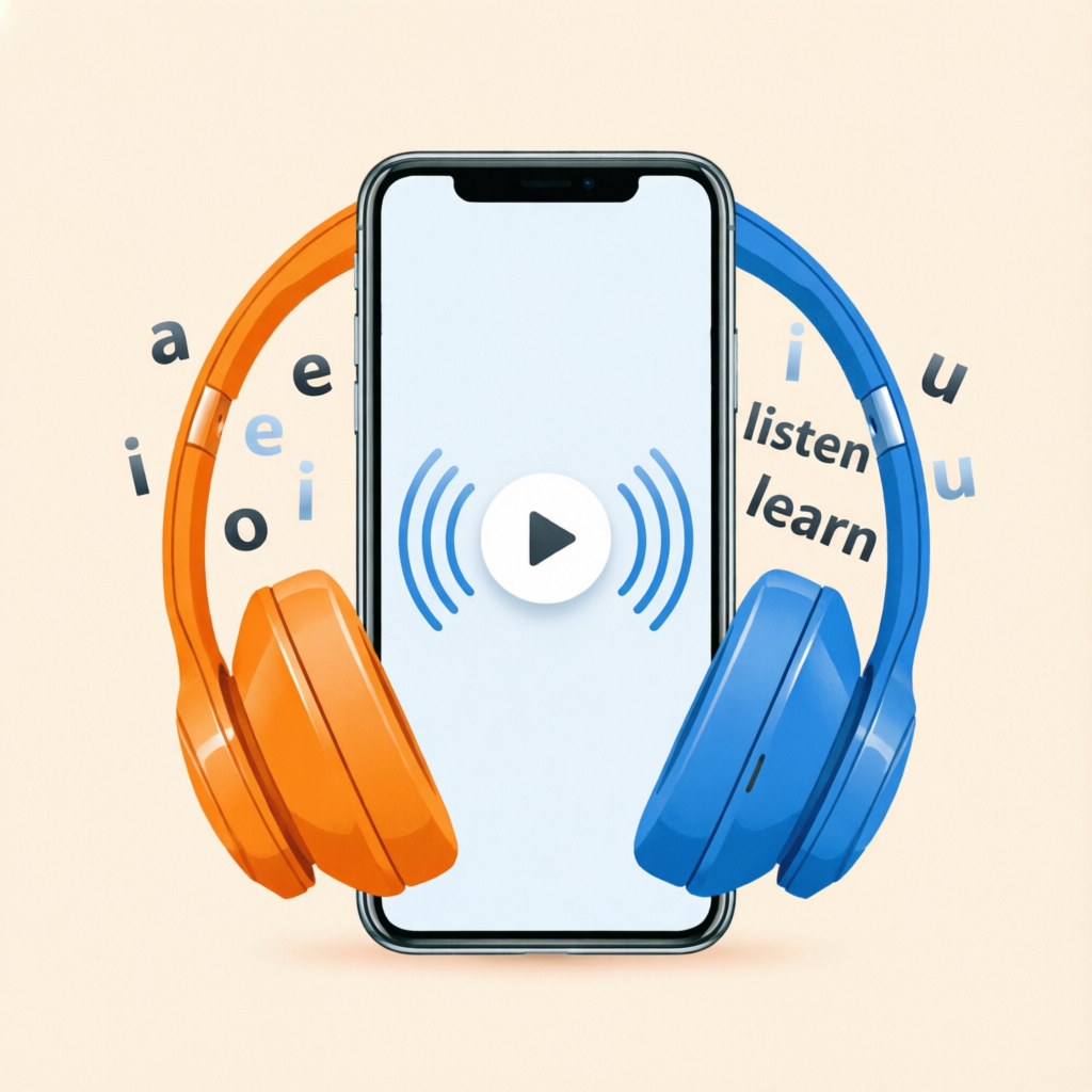 Headphones around a smartphone playing an English audio lesson with sound waves.