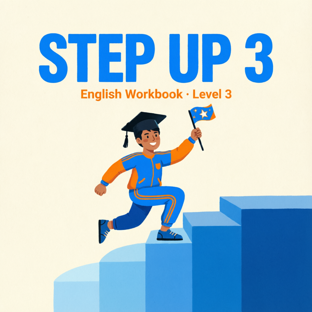 Workbook cover titled Step Up 3 with a student in a graduation cap reaching the top step holding a flag.