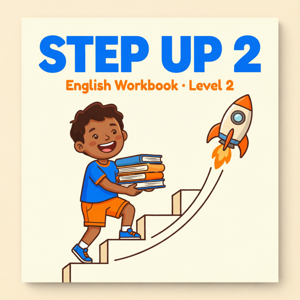 Workbook cover titled Step Up 2 with a smiling student carrying books up stairs and a rocket.