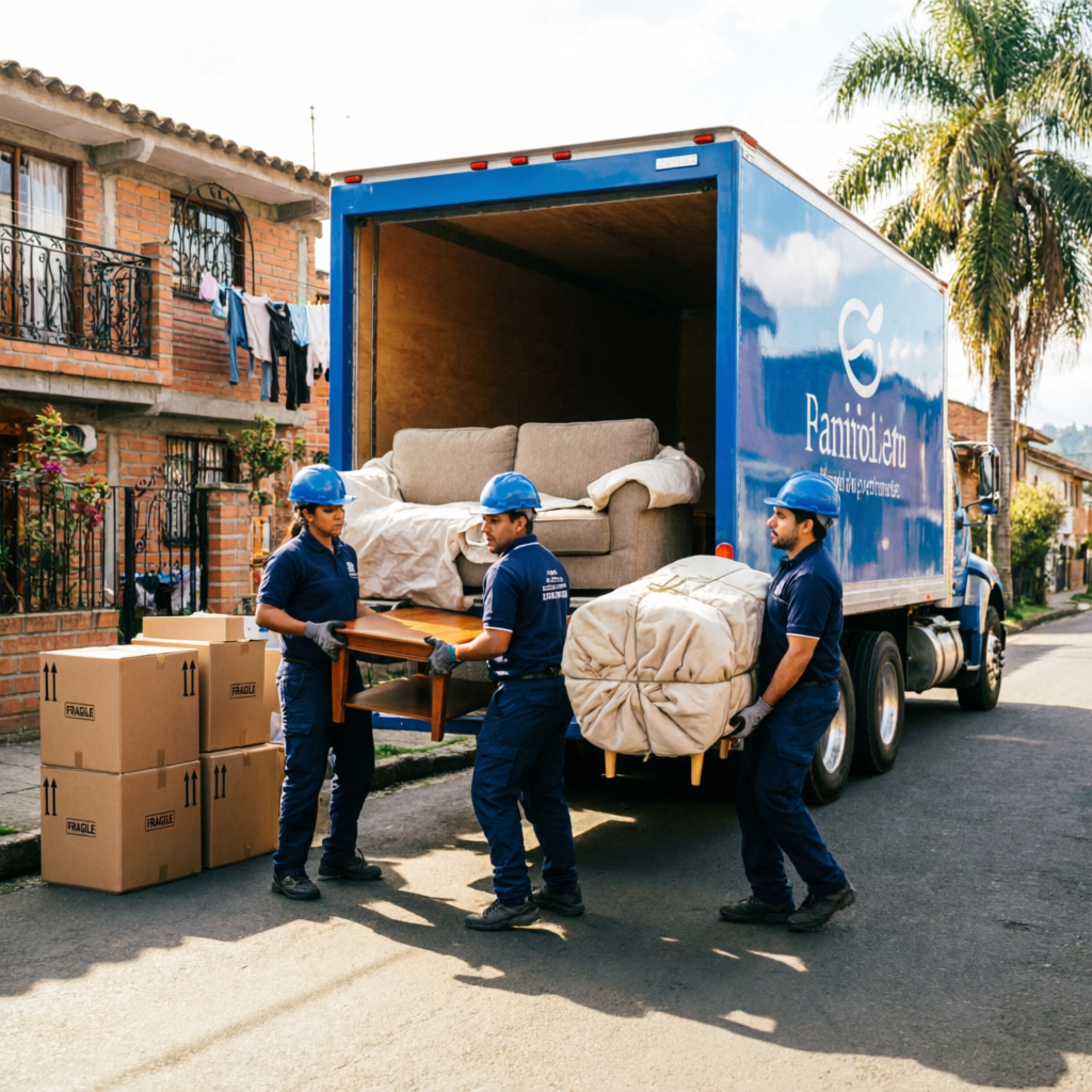 Trasteos Engativá - Equipo profesional cargando muebles en camión de mudanza en Bogotá