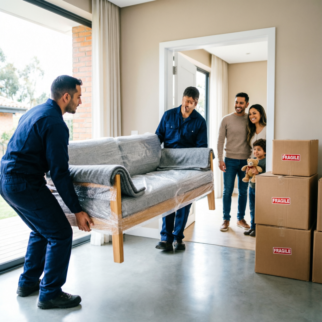 Trasteos Engativá - Familia feliz recibiendo sus muebles en su nuevo hogar en Bogotá