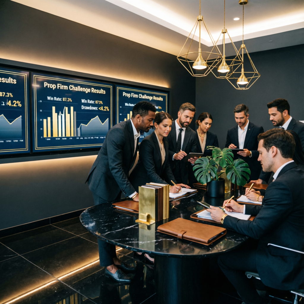 Professional prop firm challenge team reviewing trading results in luxury office