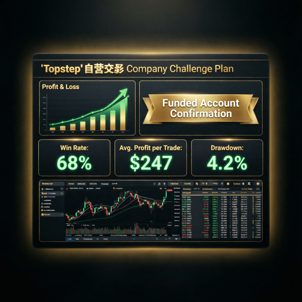Topstep challenge dashboard showing funded account confirmation with profit charts and trading metrics