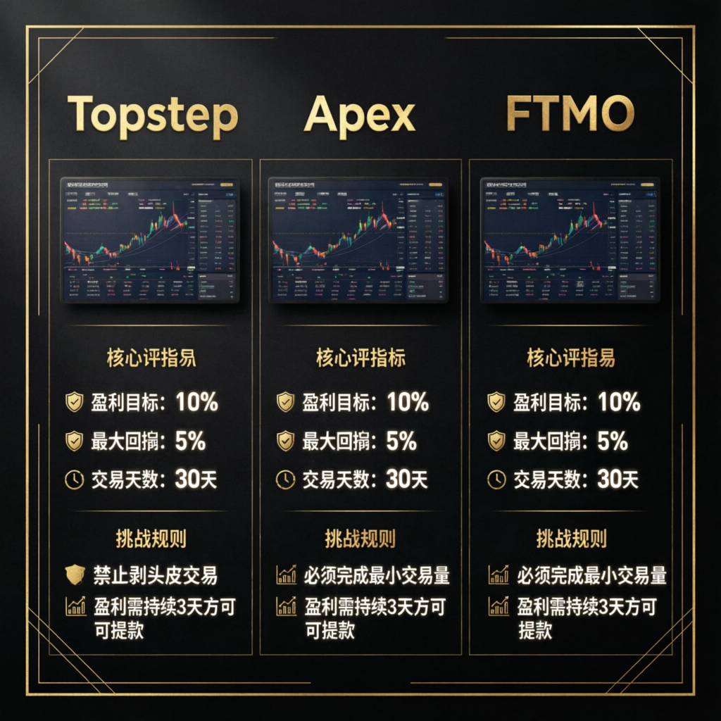 Comparison of Topstep, Apex, and FTMO prop firm challenge rules