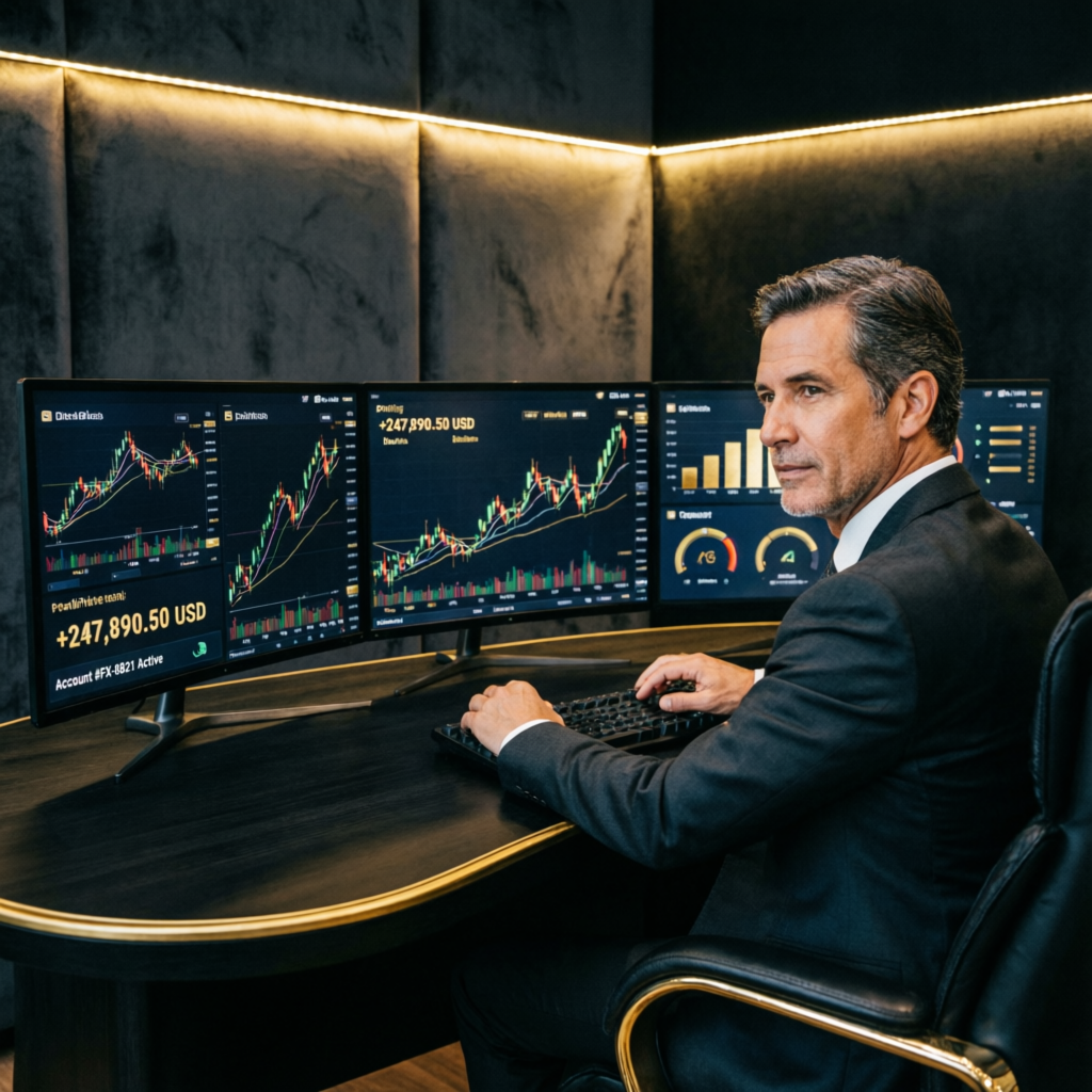 Professional forex account management with multiple trading screens