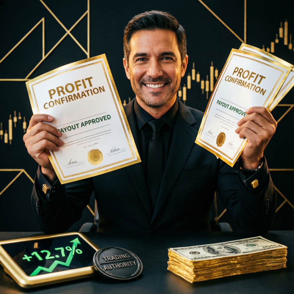 Successful trader with profit confirmation certificates and payouts
