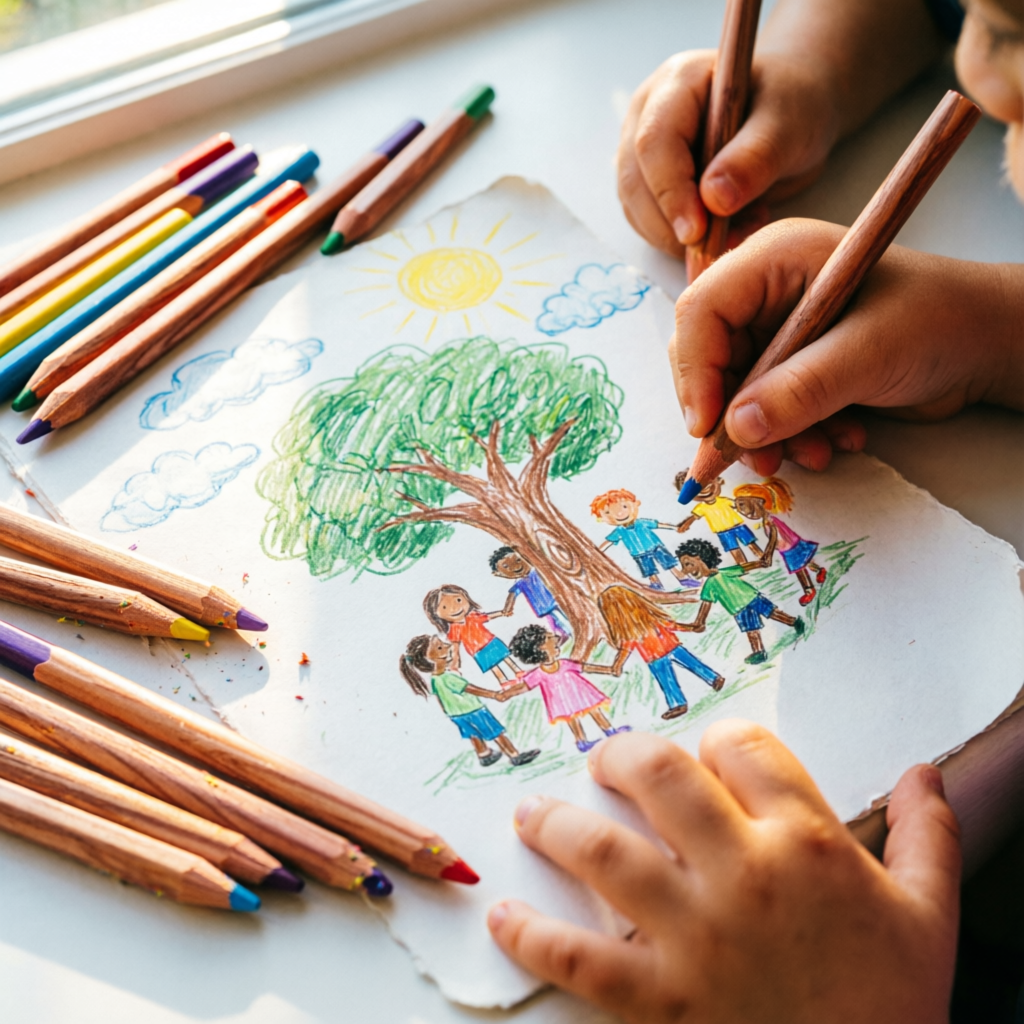 Niños dibujando con lápices de colores