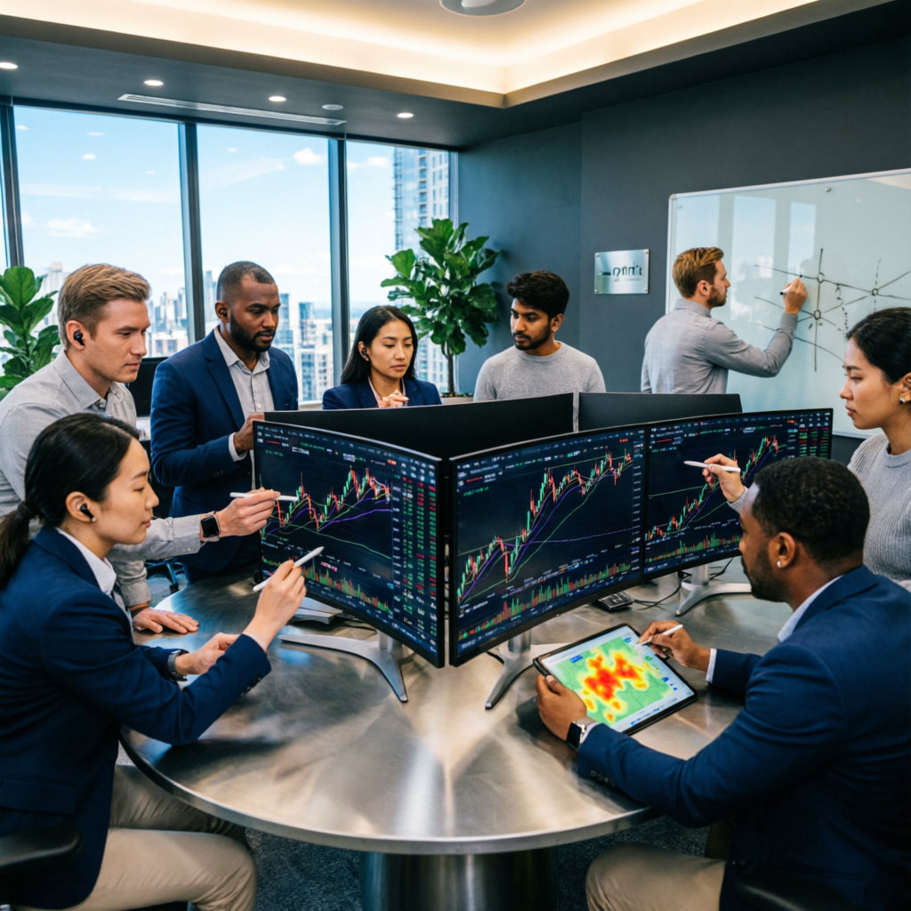 Professional team of expert traders at PFM Capitals analyzing forex charts and discussing strategies