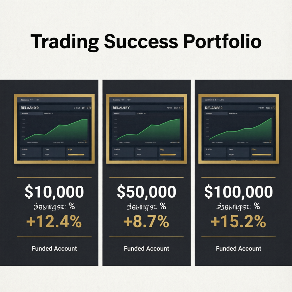 Trading success portfolio showing multiple funded accounts with profit percentages ranging from $10,000 to $100,000 accounts