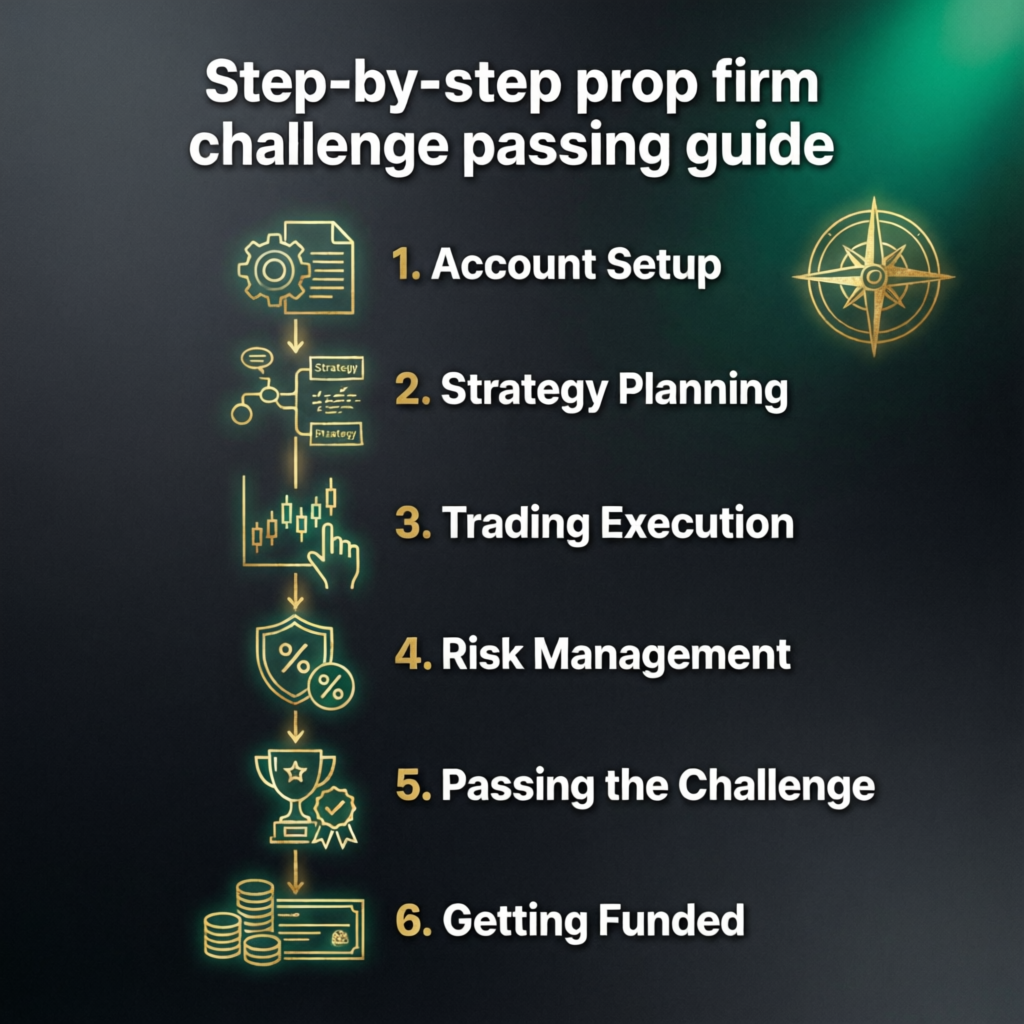 Step-by-step prop firm challenge passing guide showing account setup, strategy, execution, risk management, passing, and getting funded