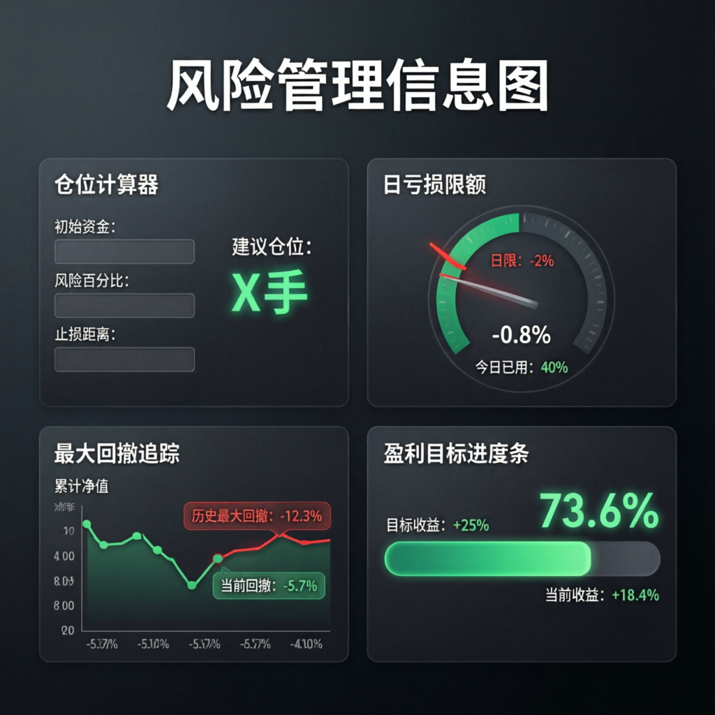 Risk management infographic showing position sizing, drawdown limits, and profit target tracking