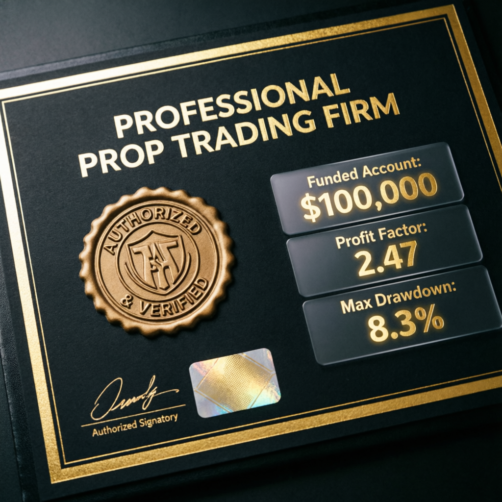 Professional prop trading firm certificate showing funded account achievement with trading metrics