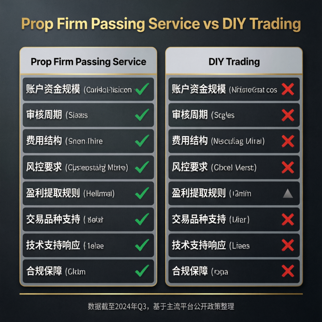 Comparison infographic showing prop firm passing service advantages vs DIY trading disadvantages