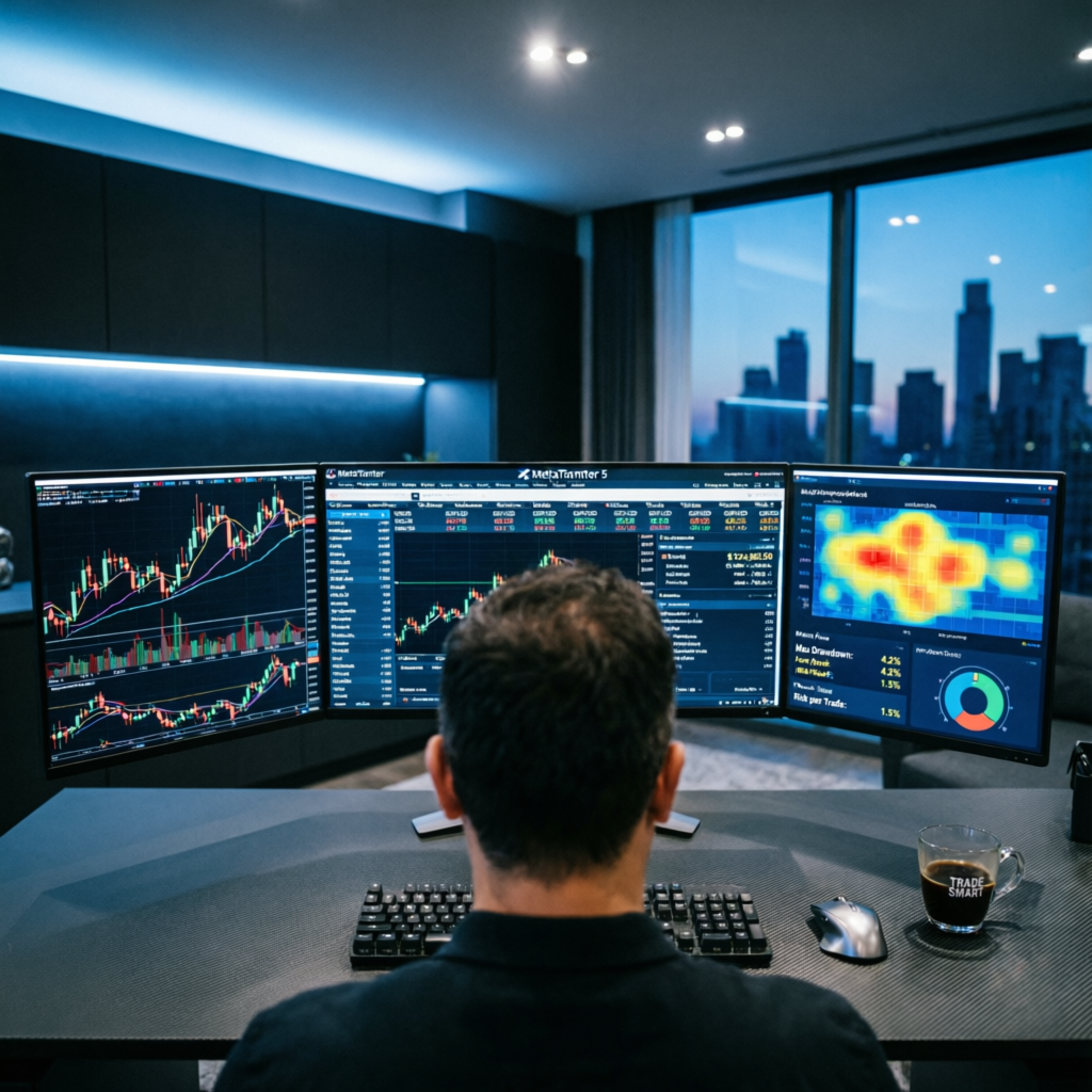 Professional trader workspace with multiple monitors displaying forex charts and trading platforms - PFM Capitals trading environment