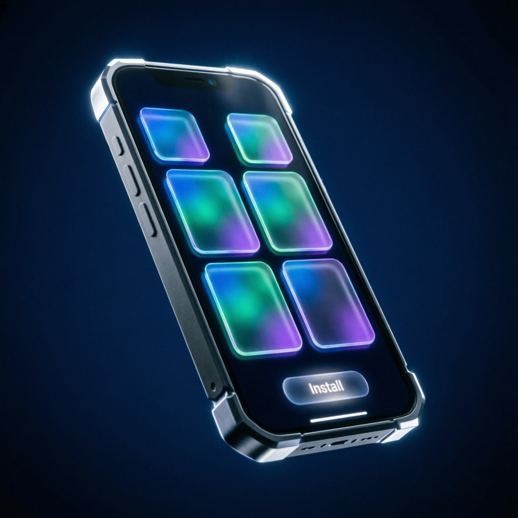 Aplicativo Nexo em um smartphone com interface escura, cartões neon azul, verde e roxo e botão de instalação