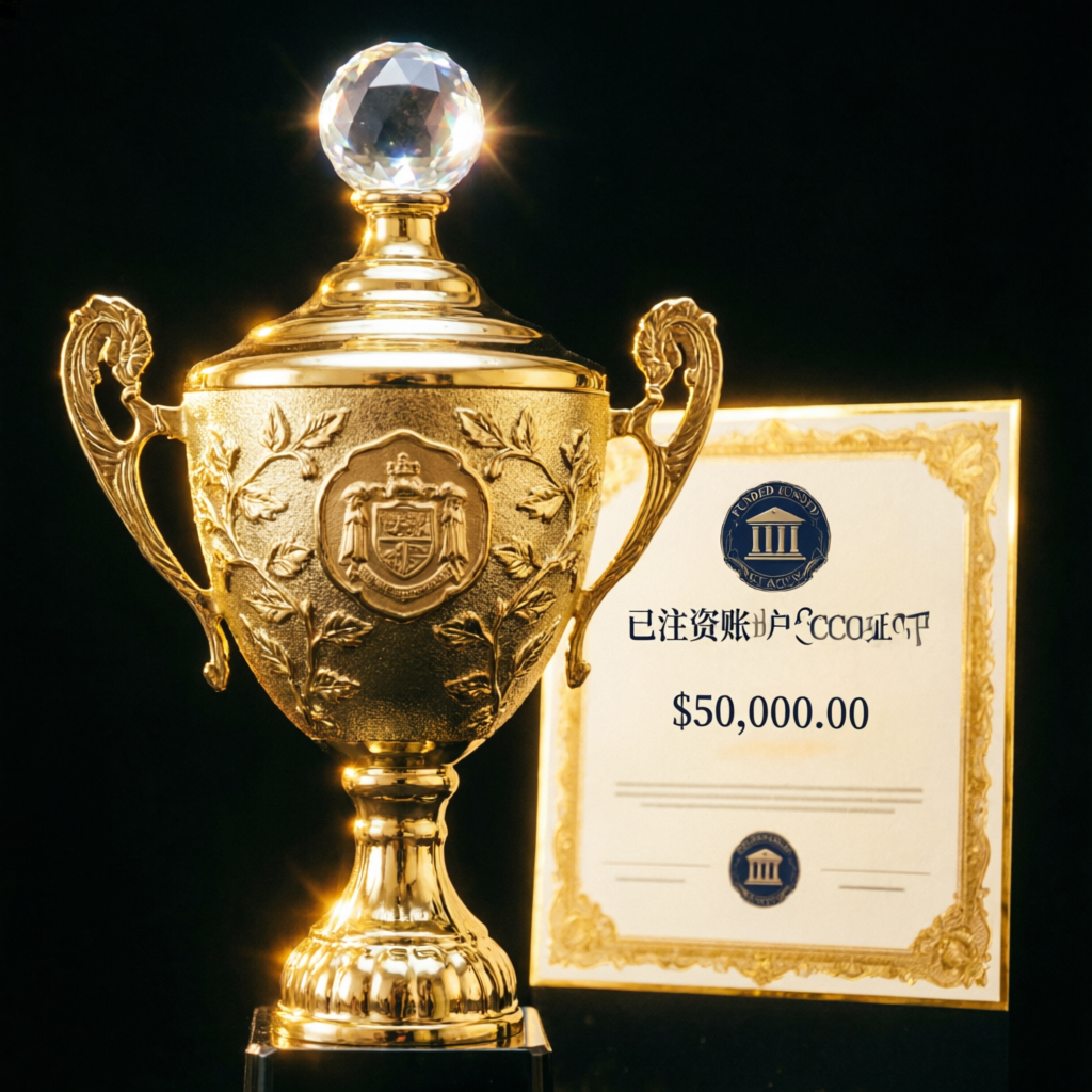 Golden trophy and funded account certificate representing success