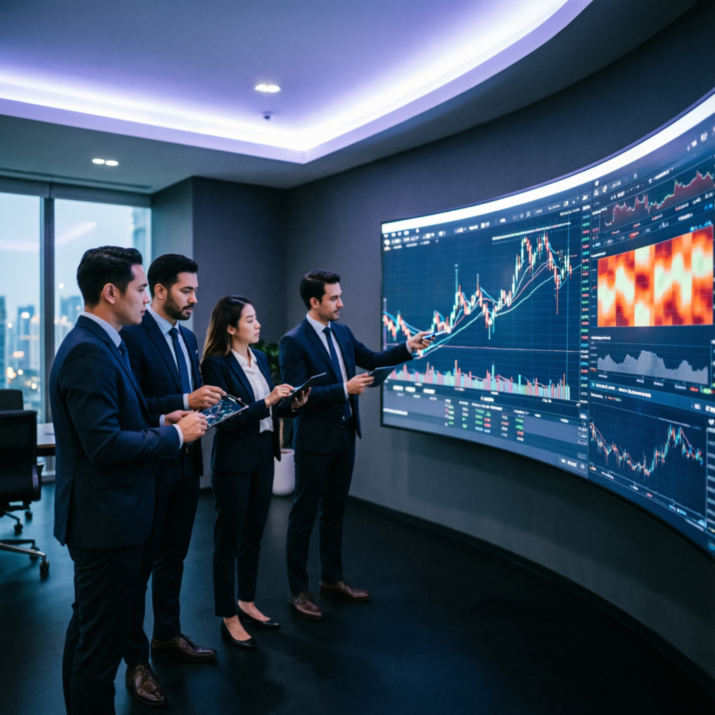 Professional trading team analyzing charts and data