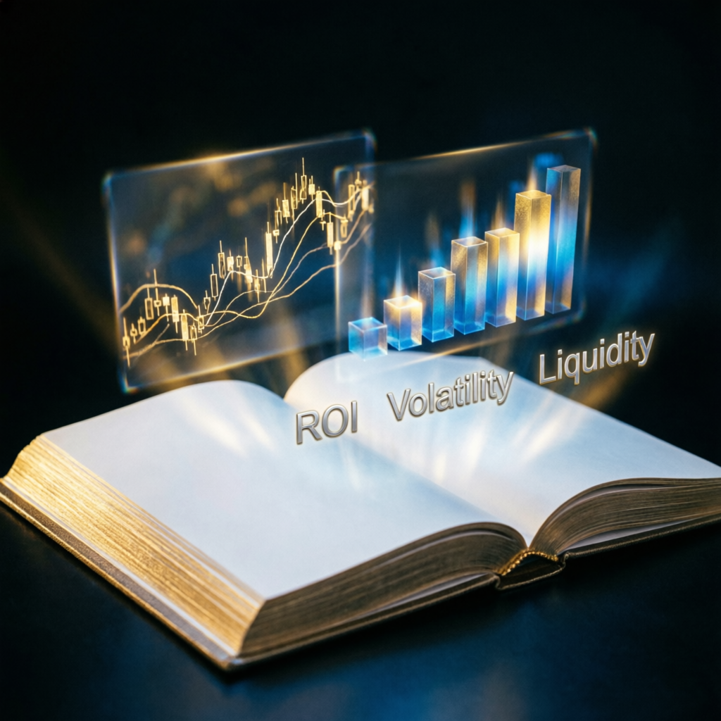 Trading education book with holographic financial charts