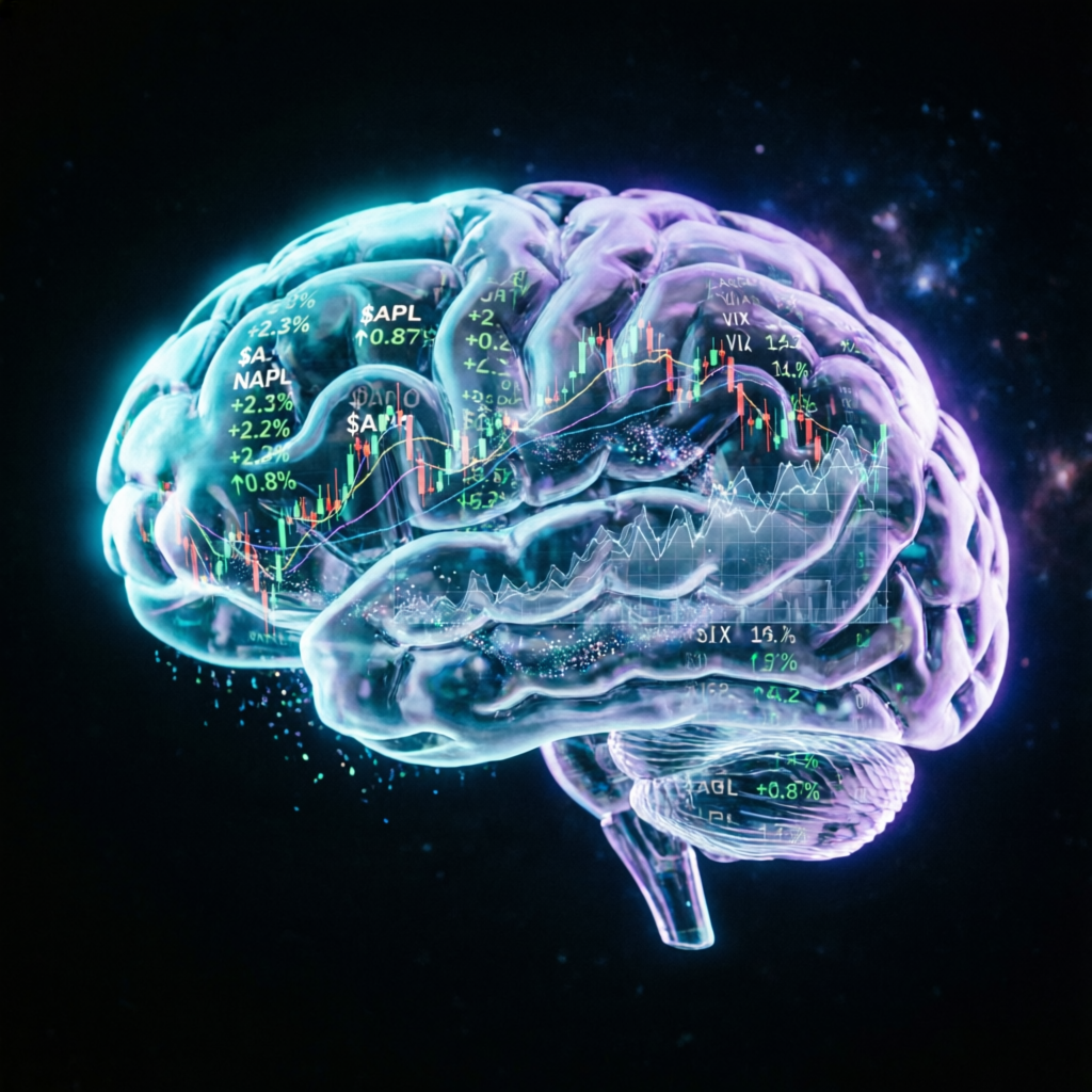 AI brain with trading charts representing artificial intelligence in prop trading