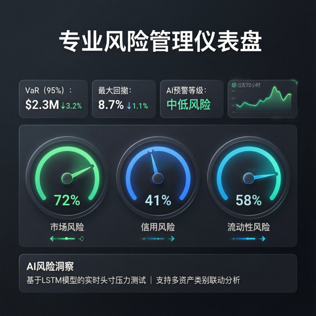 Professional risk management dashboard with AI-powered metrics