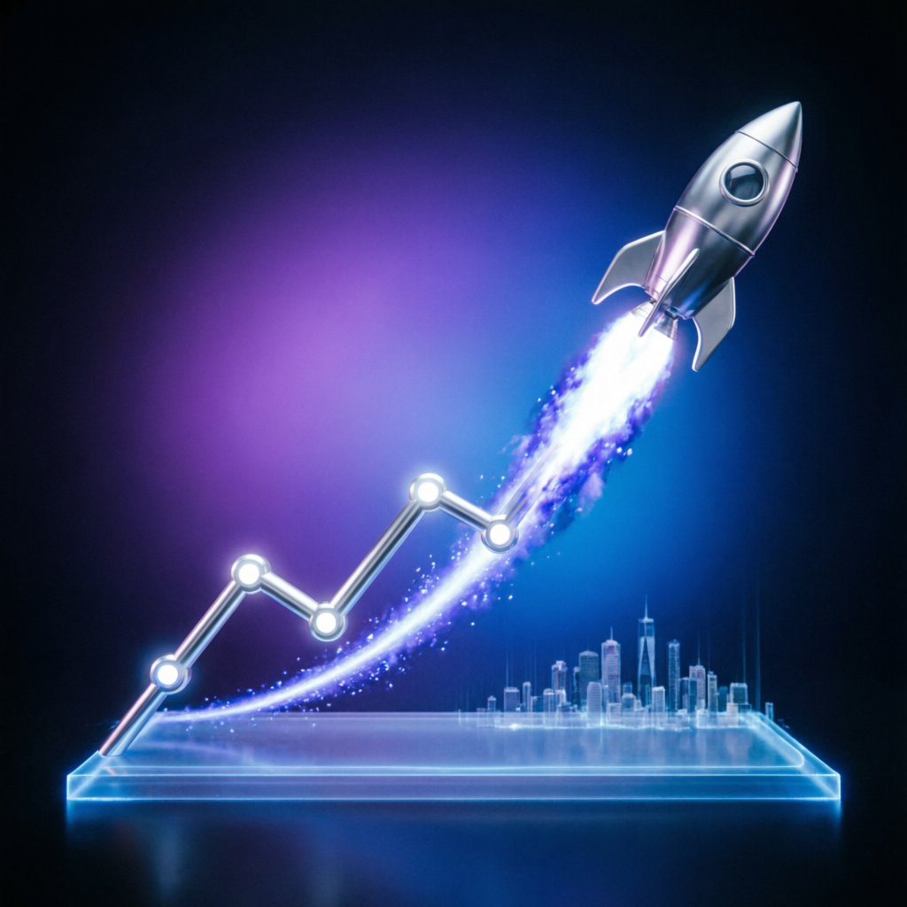 Rocket launching along growth chart representing scaling plan