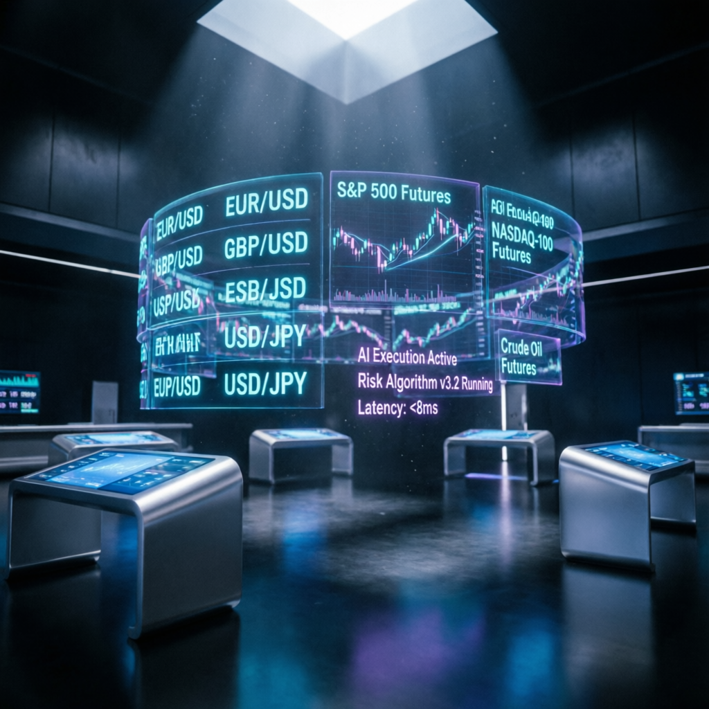Futuristic trading floor with multiple futures markets displayed