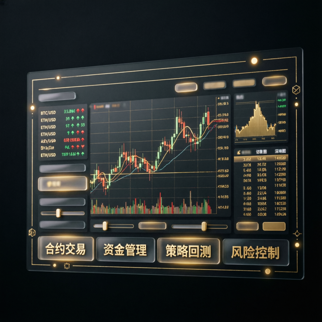 Modern trading platform interface with golden UI elements and futures trading dashboard
