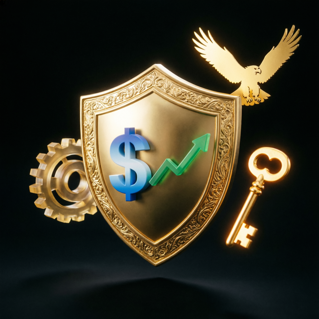 Risk management concept with golden shield protecting trading capital