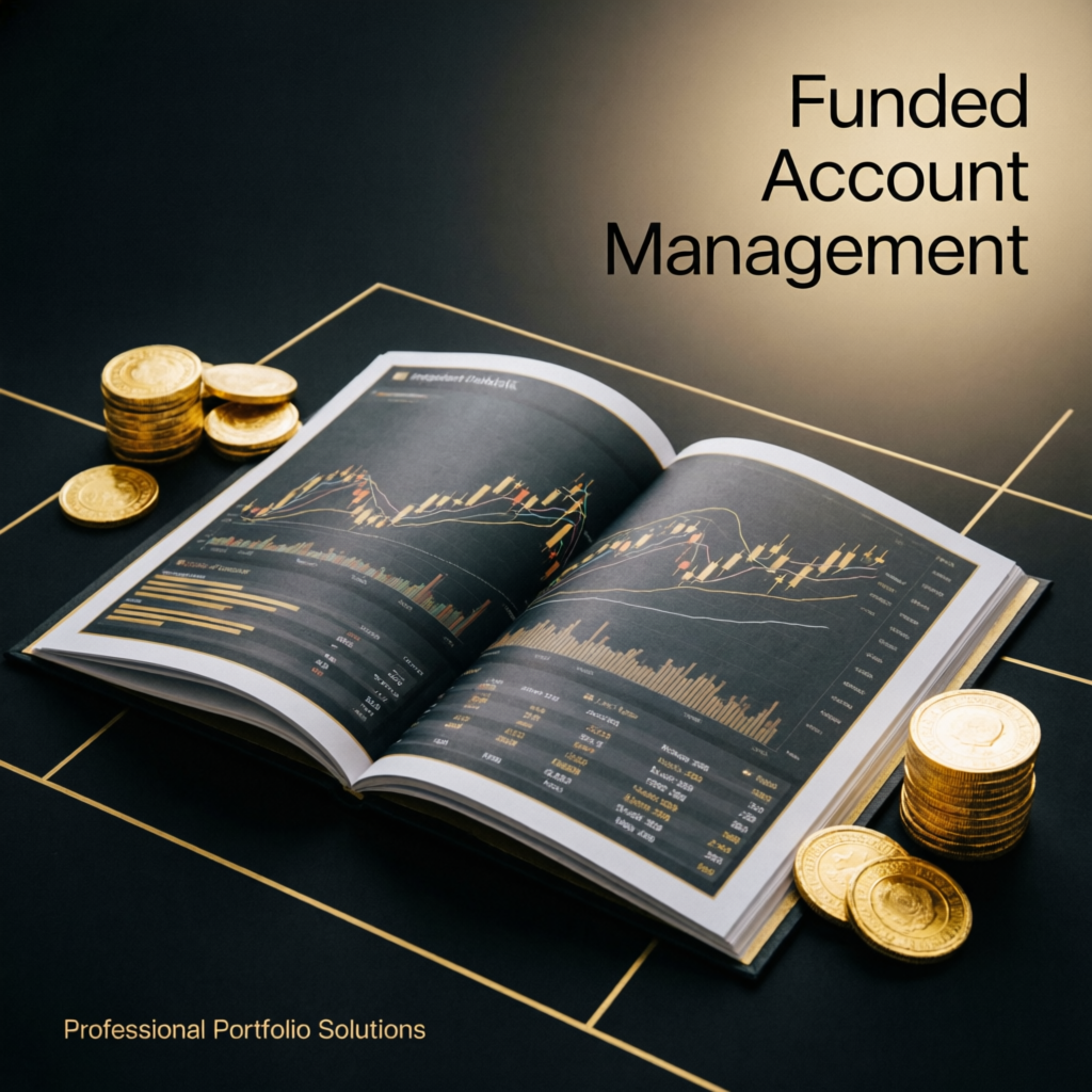 Funded account management with trading charts and gold coins representing profits