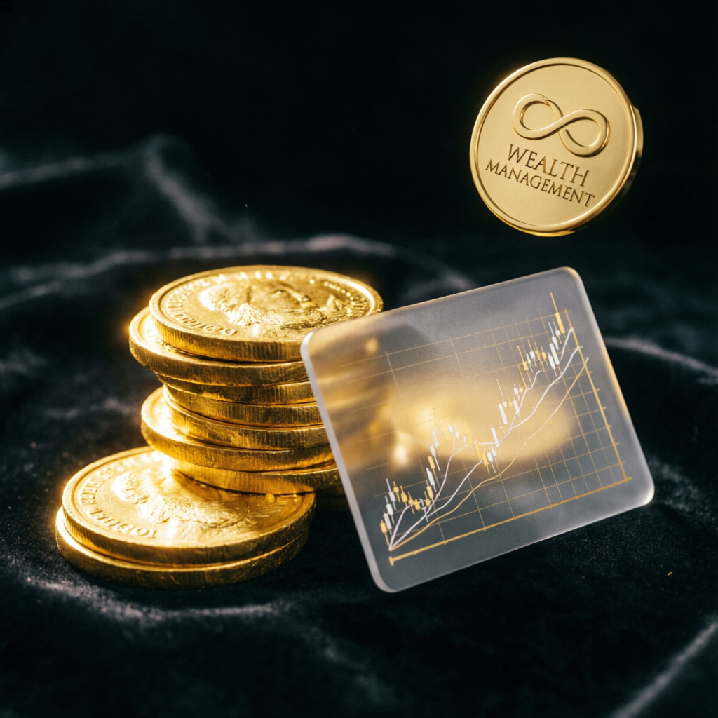 Luxury gold coins and wealth management concept with trading charts
