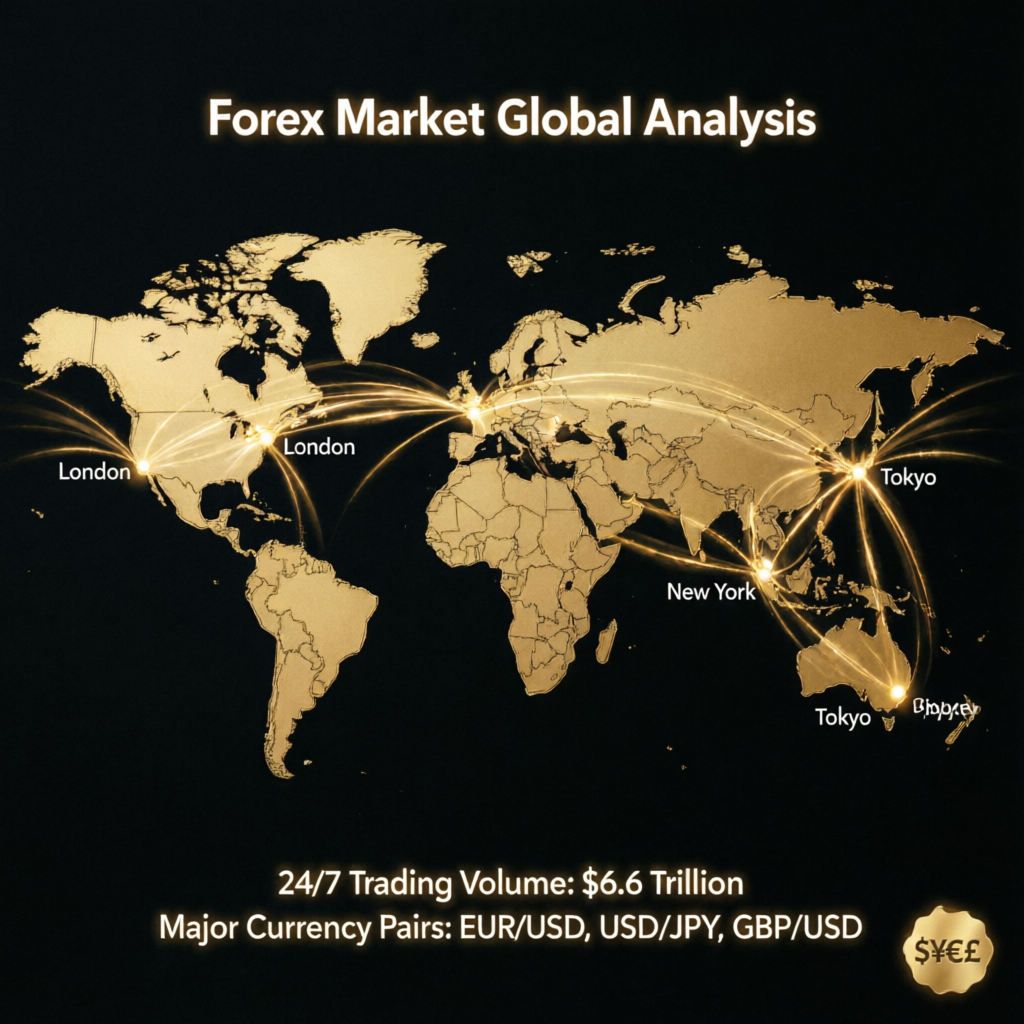 Forex market global analysis with world map showing major trading centers