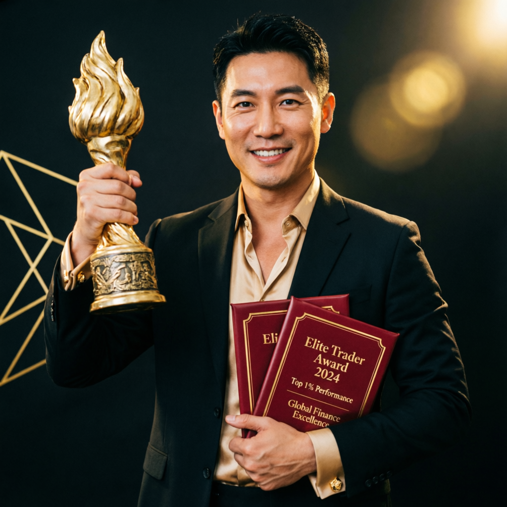 Elite trader award winner with trophy and certificates representing trading success
