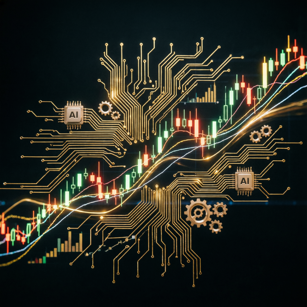 AI-powered trading technology with circuit patterns and financial charts
