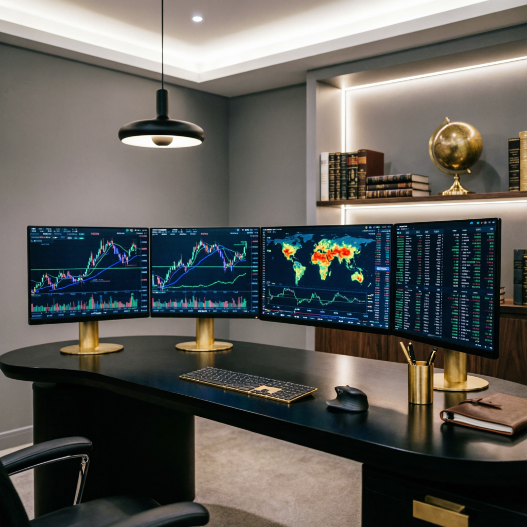 Elite trader workspace with multiple monitors showing futures and forex charts