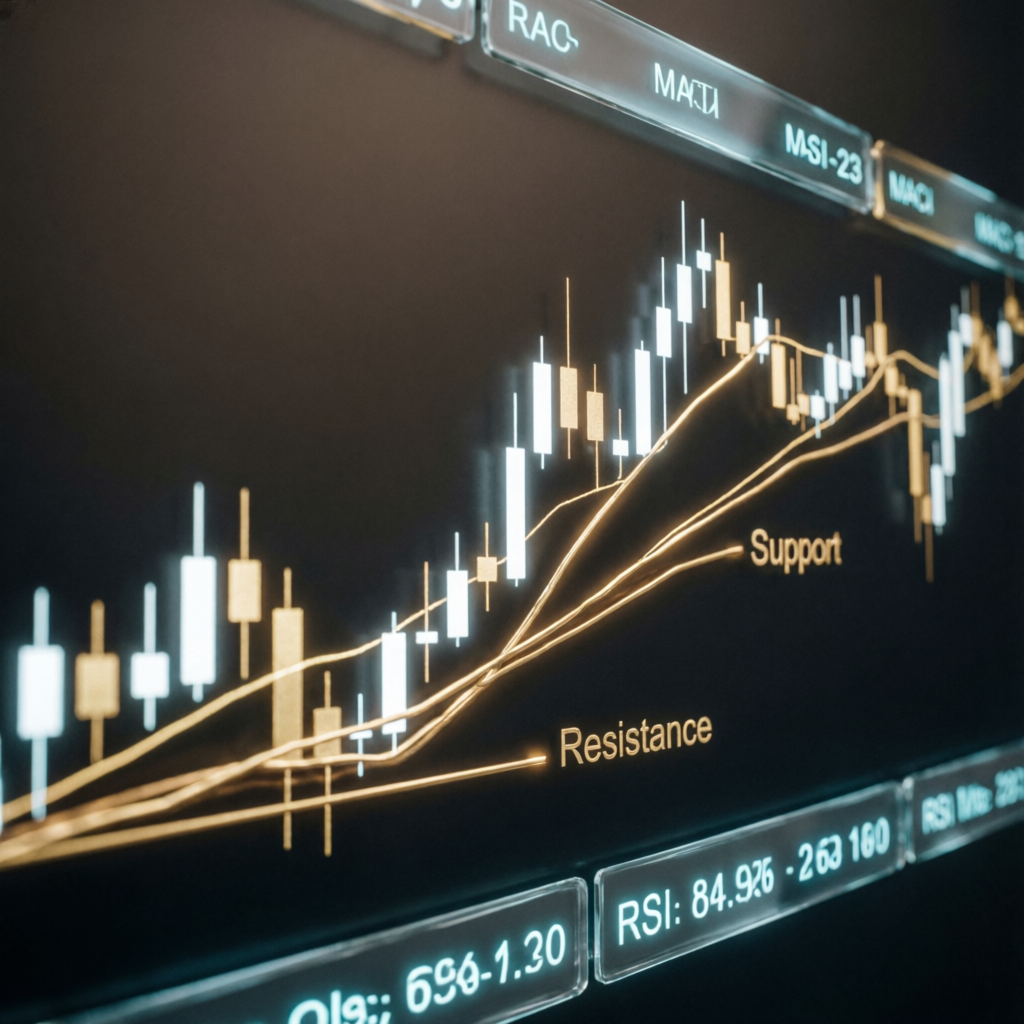 Professional forex trading analysis with golden candlestick charts and support resistance levels
