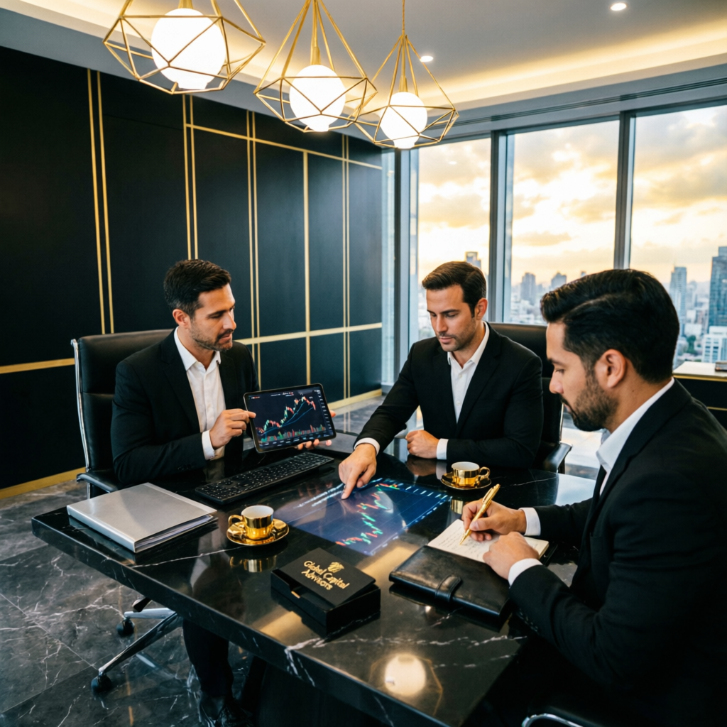 Premium financial consultation meeting with professional advisors discussing trading strategy