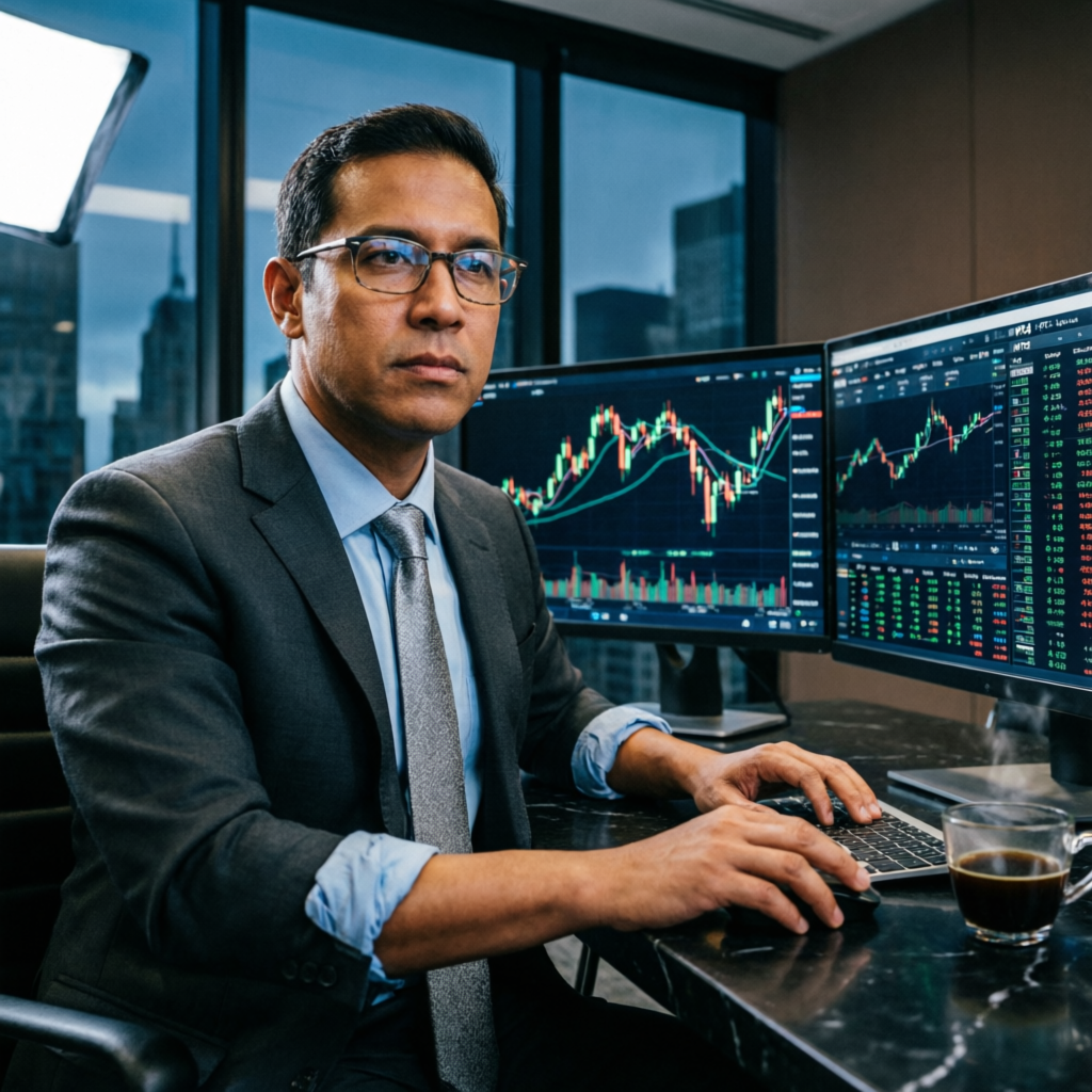 Professional forex trader at multi-monitor setup - Topstep Trading Combine profit target expert