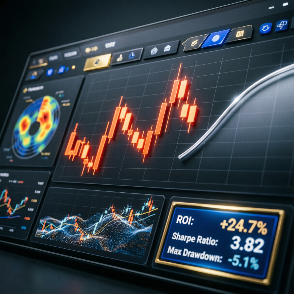 Professional prop firm passing service trading terminal with candlestick charts and performance metrics