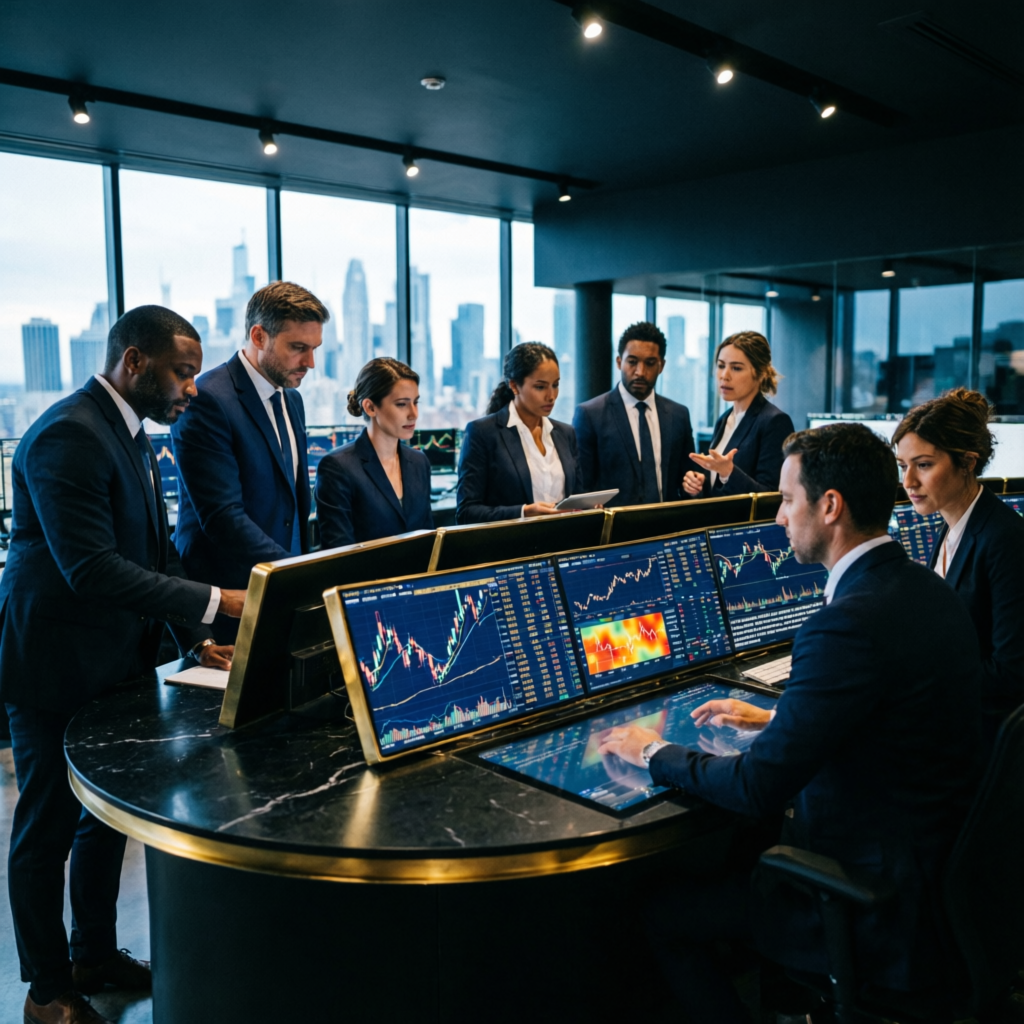 Professional trading team analyzing Topstep funded accounts