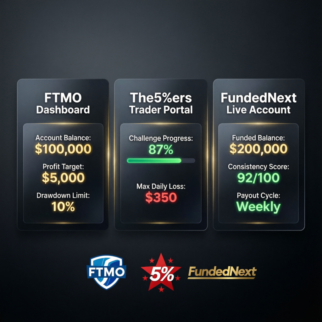 Prop firm comparison dashboard showing multiple platforms