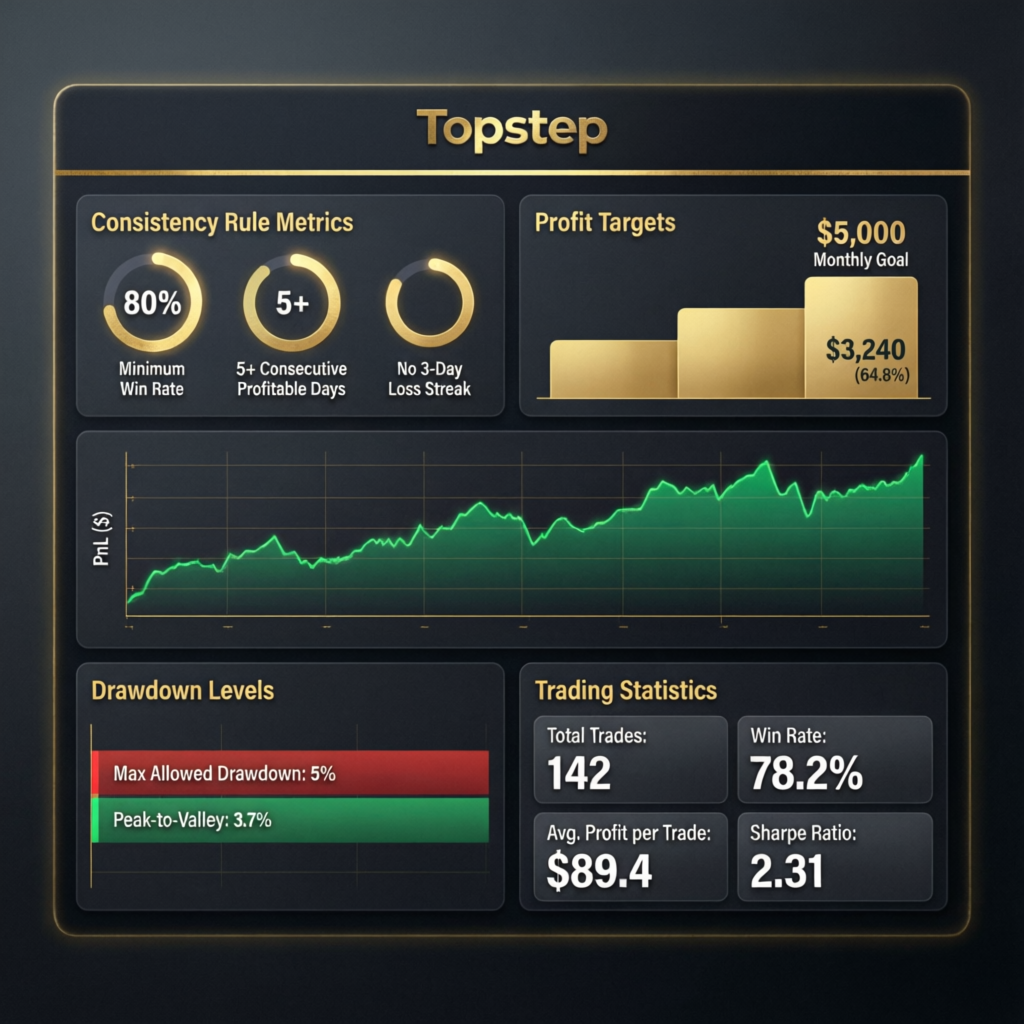 Topstep Consistency Rule Dashboard showing metrics and profit targets