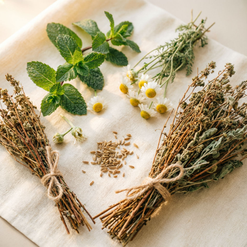 Dried herbs bundled for digestive remedies
