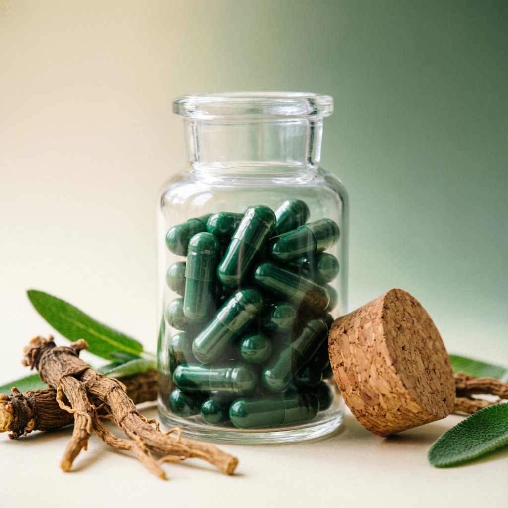 Joint Ease Herbal Capsules in a glass apothecary jar