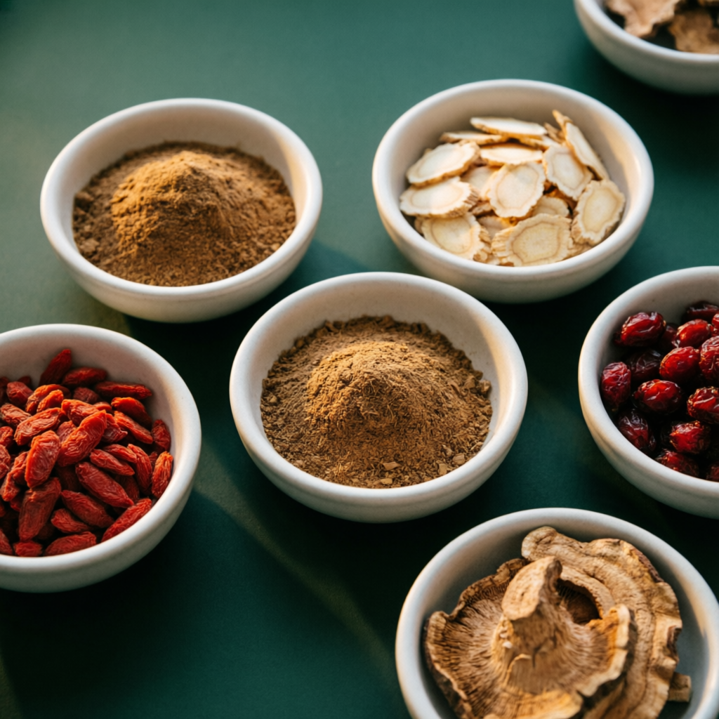 Assorted adaptogenic herbs and spices in ceramic bowls