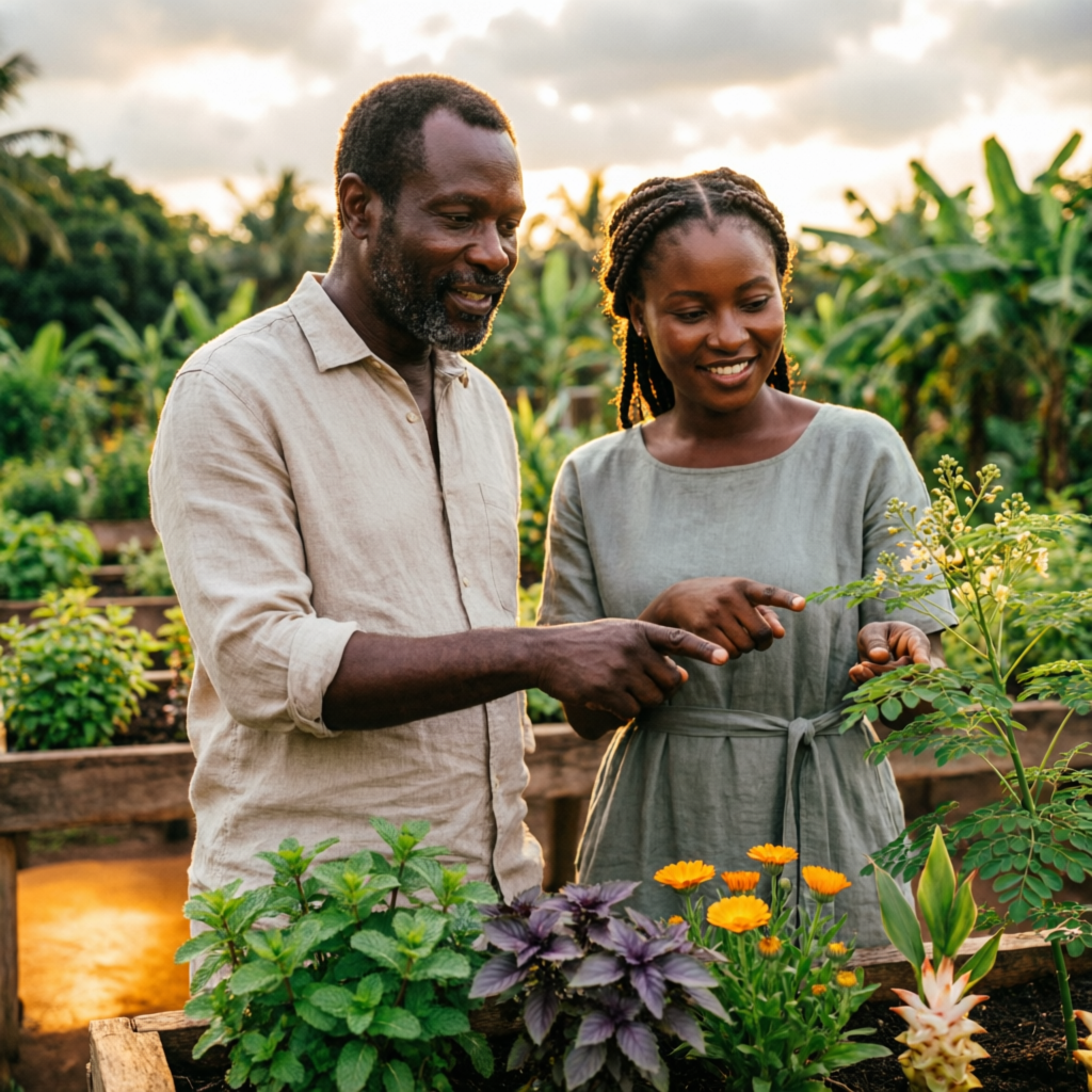 Black herbal doctor guiding a Black visitor through the herb garden